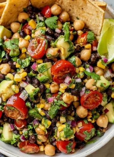 Colorful Southwest Chickpea Black Bean Salad with fresh vegetables and beans