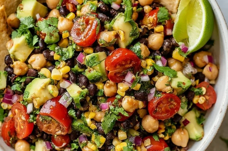 Colorful Southwest Chickpea Black Bean Salad with fresh vegetables and beans