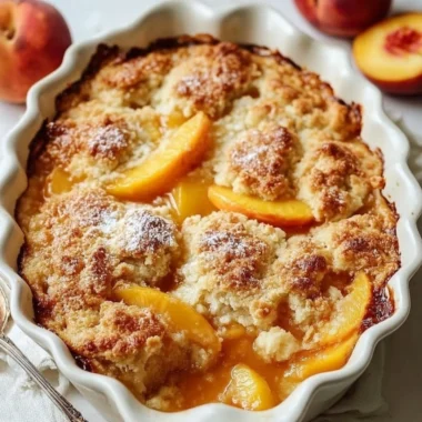 Delicious vegan peach cobbler in a baking dish, topped with golden crust.