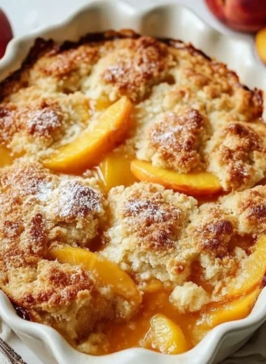 Delicious vegan peach cobbler in a baking dish, topped with golden crust.
