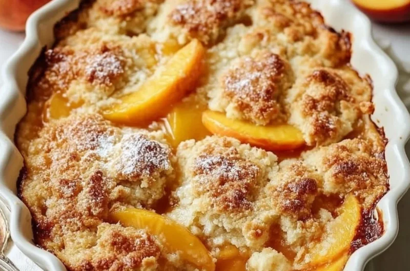 Delicious vegan peach cobbler in a baking dish, topped with golden crust.