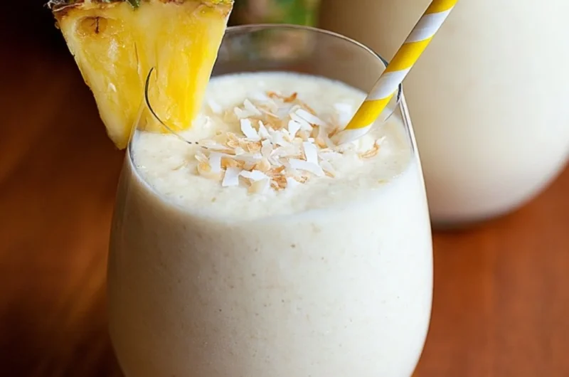 3 Ingredient Easy Piña Colada Smoothie served in a glass with a tropical backdrop.