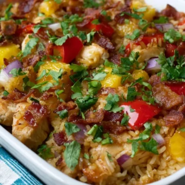 Aloha Pineapple Chicken Rice Casserole served on a plate with garnishments