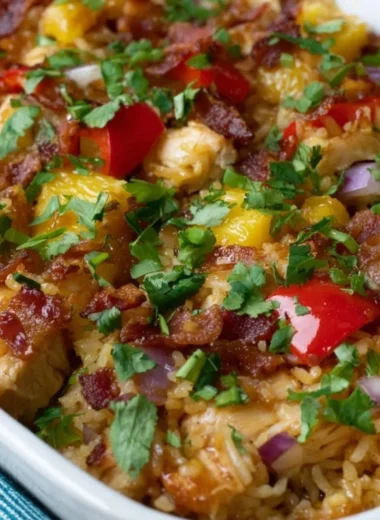 Aloha Pineapple Chicken Rice Casserole served on a plate with garnishments