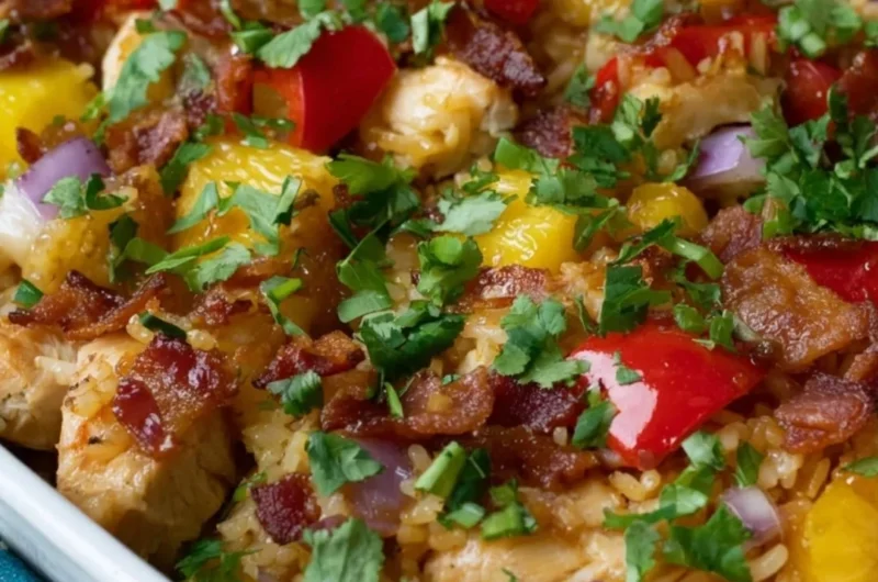 Aloha Pineapple Chicken Rice Casserole served on a plate with garnishments