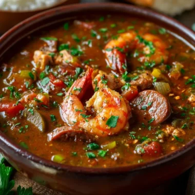 Bowl of authentic Cajun gumbo with seafood and spices
