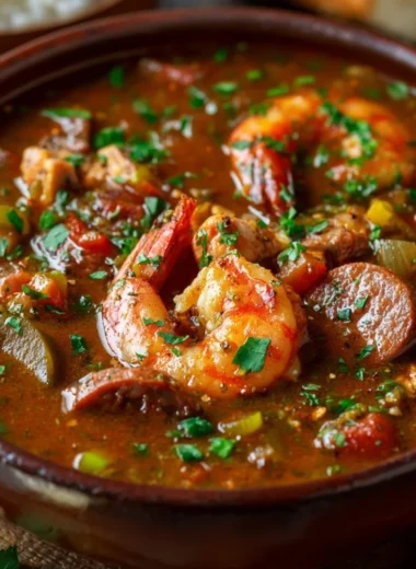 Bowl of authentic Cajun gumbo with seafood and spices