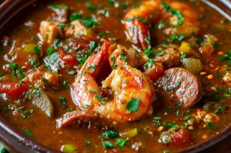 Bowl of authentic Cajun gumbo with seafood and spices