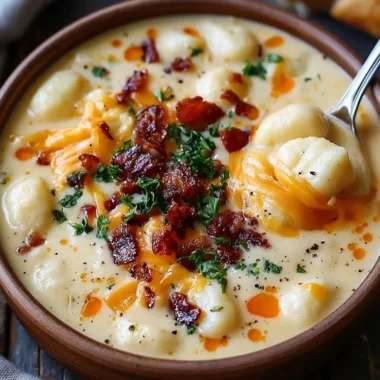 Bacon Cheddar Gnocchi Soup in a bowl, garnished with herbs and cheese