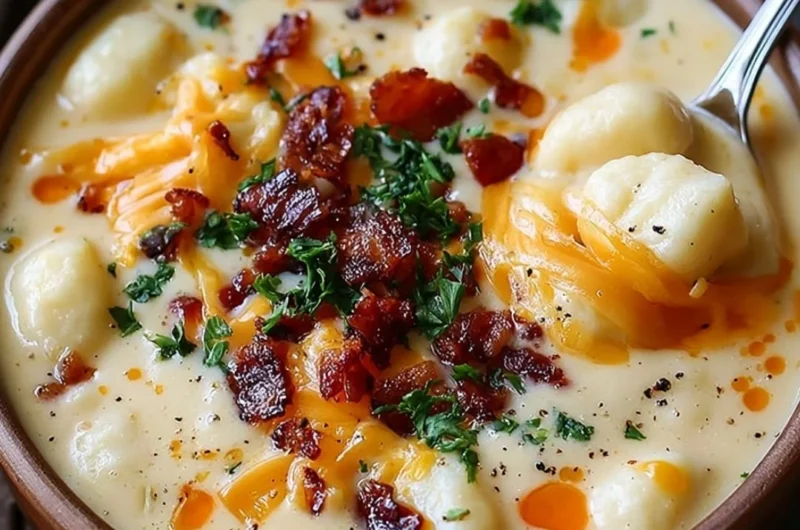 Bacon Cheddar Gnocchi Soup in a bowl, garnished with herbs and cheese