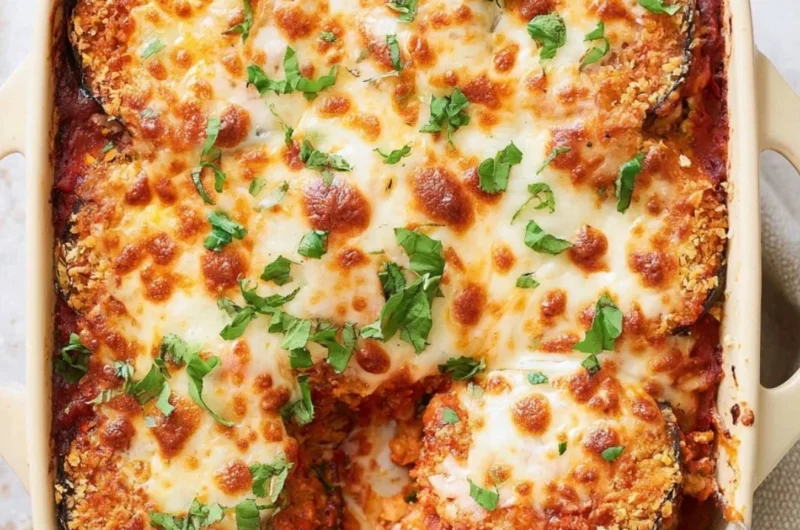 Healthy Baked Eggplant Parmesan with layers of cheese and sauce