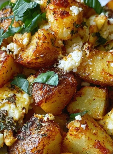 Delicious baked feta potatoes garnished with herbs in a rustic dish.
