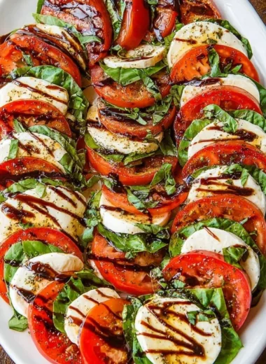 Fresh Caprese Salad with mozzarella, tomatoes, and basil on a plate.