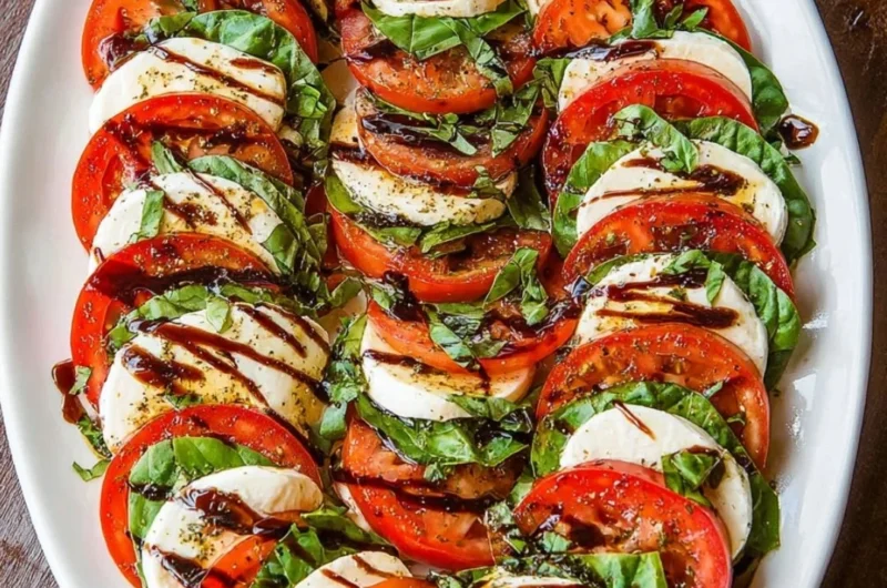 Fresh Caprese Salad with mozzarella, tomatoes, and basil on a plate.