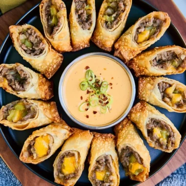 Plate of crispy cheeseburger egg rolls filled with beef and cheese