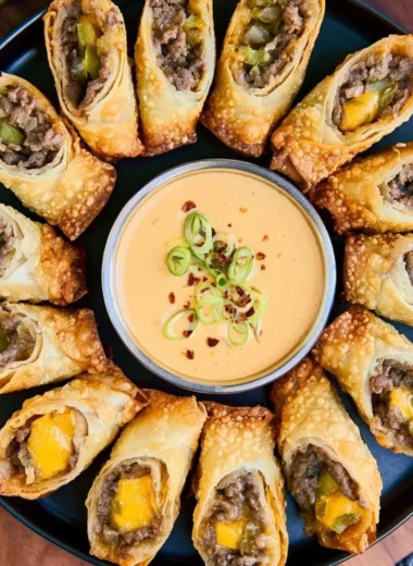 Plate of crispy cheeseburger egg rolls filled with beef and cheese