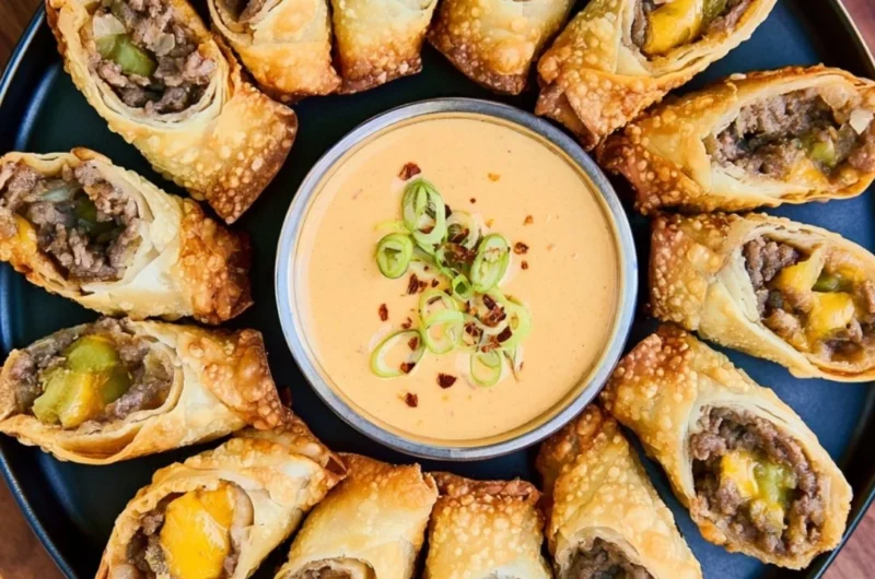 Plate of crispy cheeseburger egg rolls filled with beef and cheese