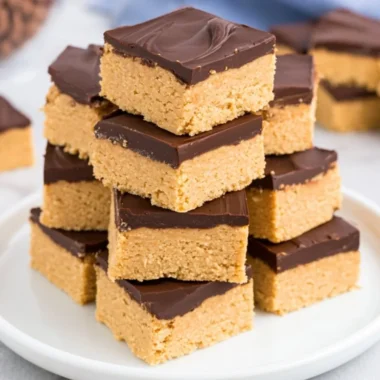 Delicious Chocolate Peanut Butter Squares topped with chocolate drizzle