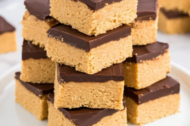 Delicious Chocolate Peanut Butter Squares topped with chocolate drizzle