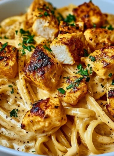 Cowboy Butter Chicken Linguine served in a bowl with herbs on top