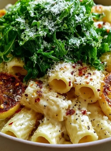 Plate of creamy lemon ricotta pasta with arugula garnished with lemon zest