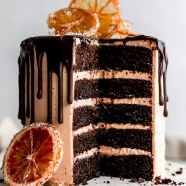Delicious Dark Chocolate Blood Orange Cake showcasing rich chocolate layers and orange zest.