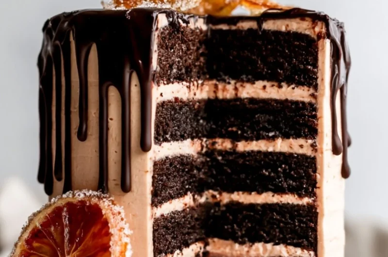 Delicious Dark Chocolate Blood Orange Cake showcasing rich chocolate layers and orange zest.