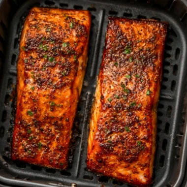 Deliciously cooked easy air fryer salmon on a plate with herbs