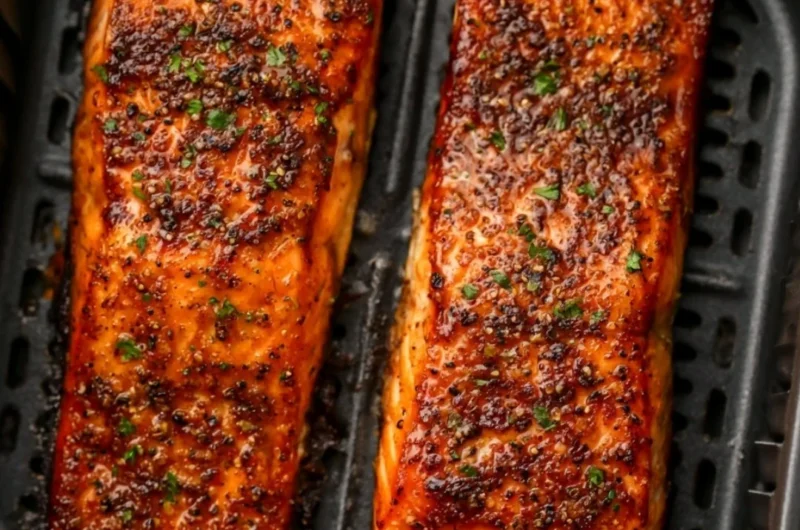 Deliciously cooked easy air fryer salmon on a plate with herbs