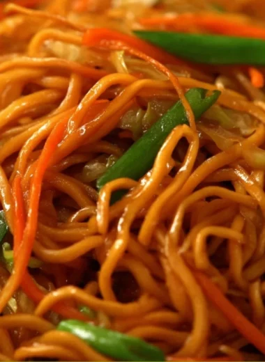 Bowl of delicious homemade Chow Mein with vegetables and noodles