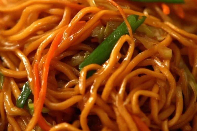 Bowl of delicious homemade Chow Mein with vegetables and noodles