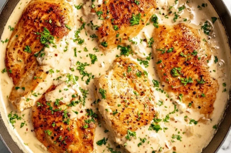 Delicious easy cream cheese chicken served on a plate with herbs.