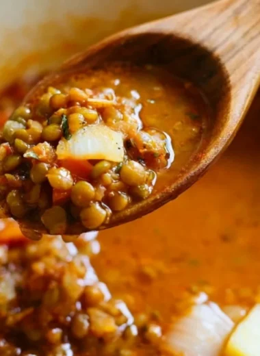 Bowl of easy Lentil Potato Soup topped with fresh herbs