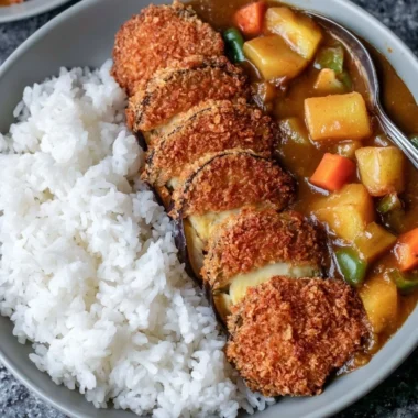 Crispy Eggplant Katsu served on a plate with dipping sauce