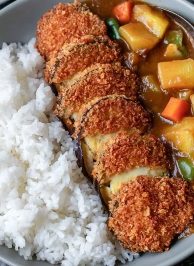 Crispy Eggplant Katsu served on a plate with dipping sauce