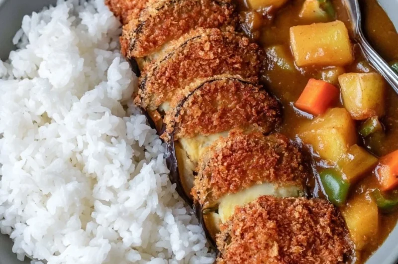Crispy Eggplant Katsu served on a plate with dipping sauce