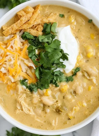 Bowl of green chile chicken enchilada soup topped with cheese and cilantro