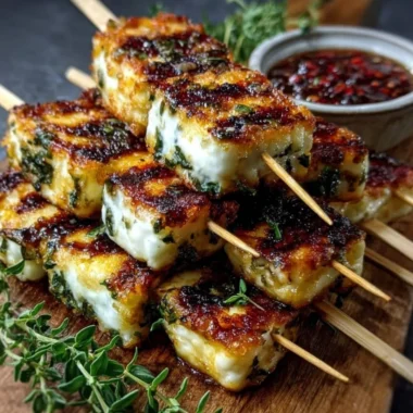 Grilled halloumi skewers with lemon and thyme on a plate