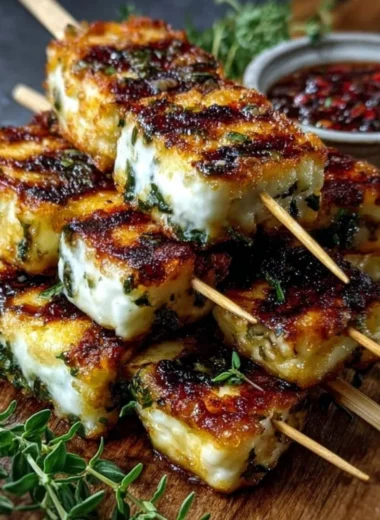 Grilled halloumi skewers with lemon and thyme on a plate