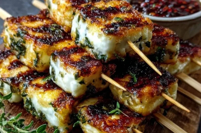 Grilled halloumi skewers with lemon and thyme on a plate