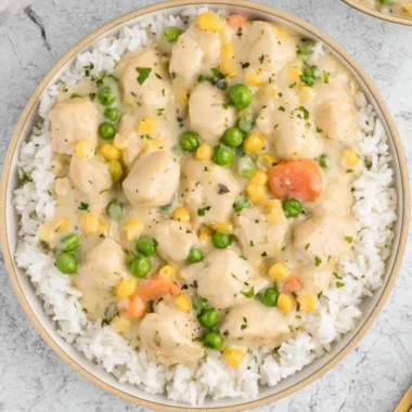 High protein crustless chicken pot pie with vegetables and herbs