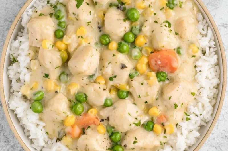 High protein crustless chicken pot pie with vegetables and herbs