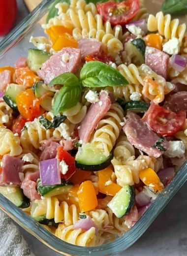High-protein Italian pasta salad with colorful vegetables and dressing