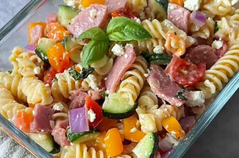 High-protein Italian pasta salad with colorful vegetables and dressing