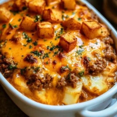 Hobo Casserole served in a baking dish with meat and vegetables