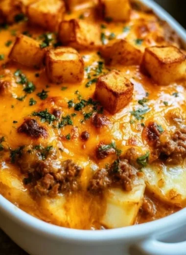 Hobo Casserole served in a baking dish with meat and vegetables