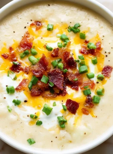 Bowl of creamy loaded potato soup garnished with bacon and chives