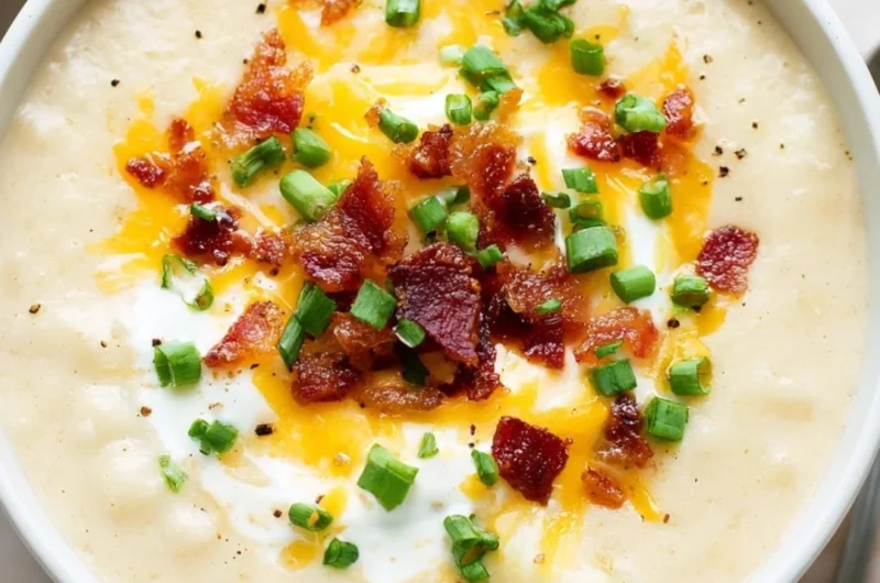 Bowl of creamy loaded potato soup garnished with bacon and chives