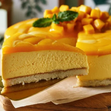 Delicious Mango Mousse Cake topped with fresh mango slices