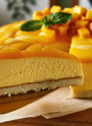 Delicious Mango Mousse Cake topped with fresh mango slices